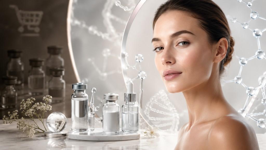 GHK-Cu peptide vials with a woman showing clear, glowing skin — clinical anti-aging and skin longevity at NY Drip Lounge